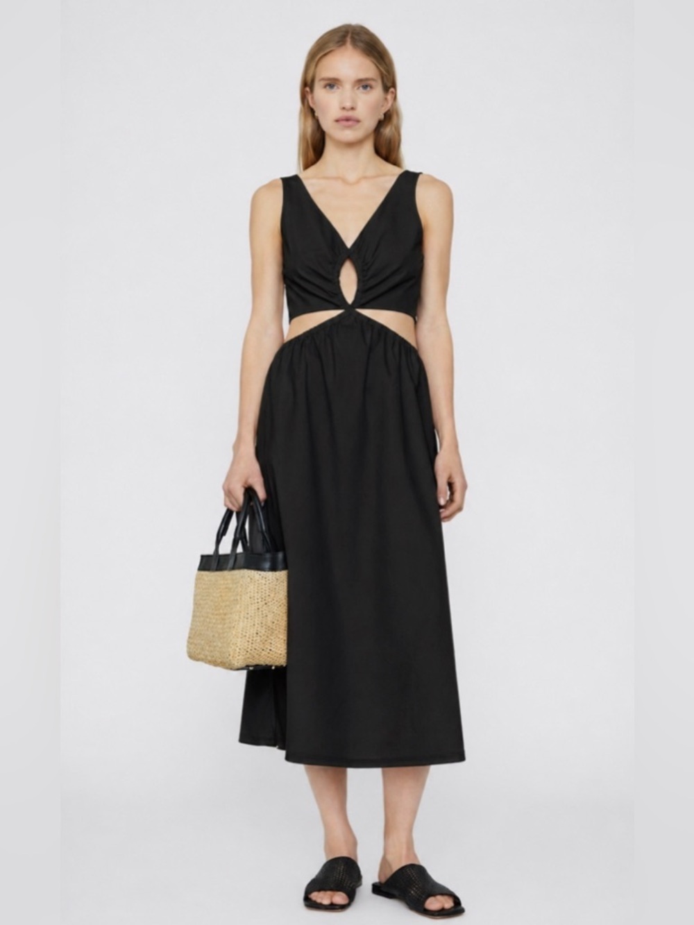 NEW Anine Bing Dione White Cut Out Midi Sleeveless Dress Large Poplin Cotton